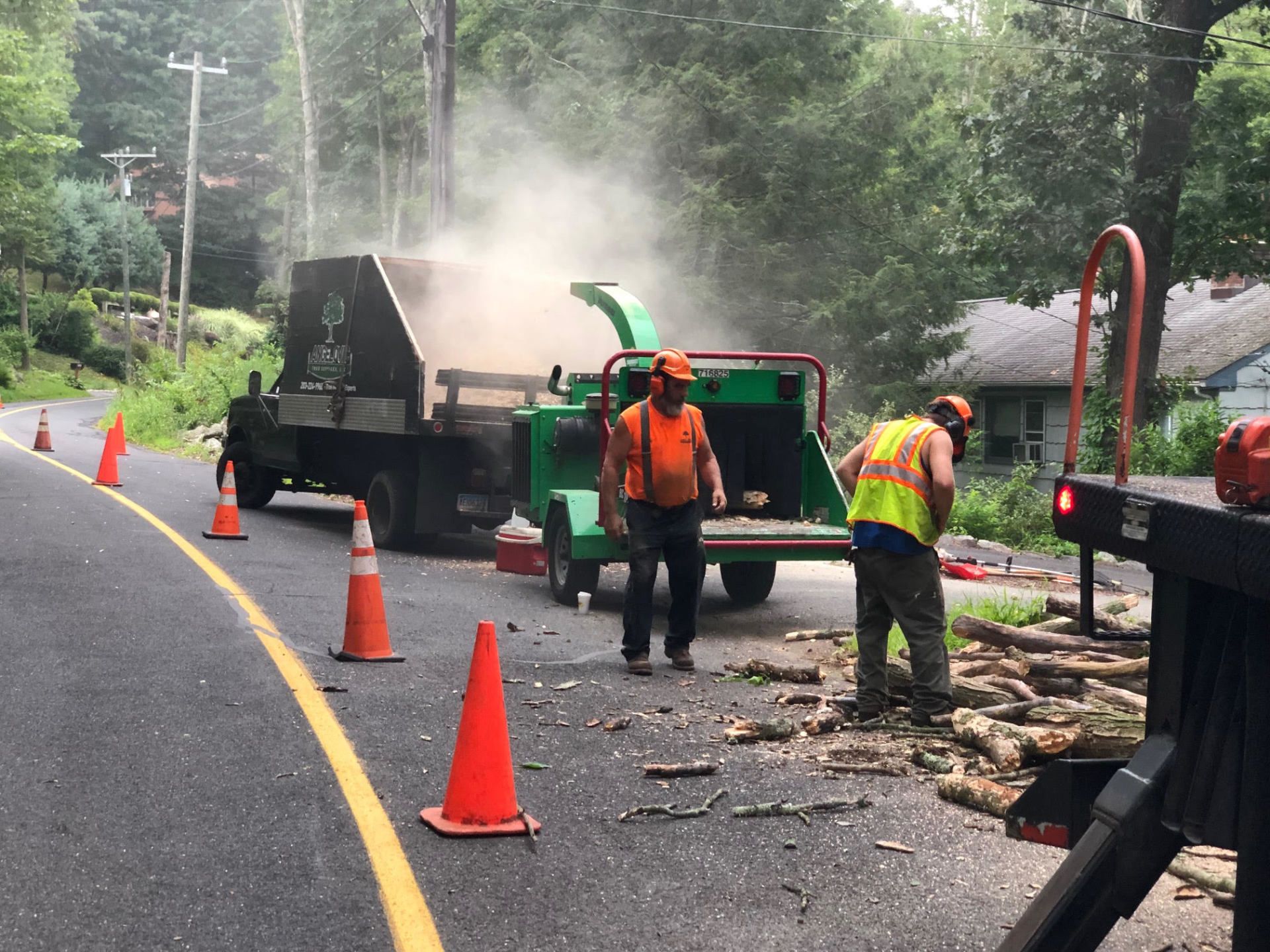 Two workers chipping tree debris on a road, with a truck, cones, and dusty air.