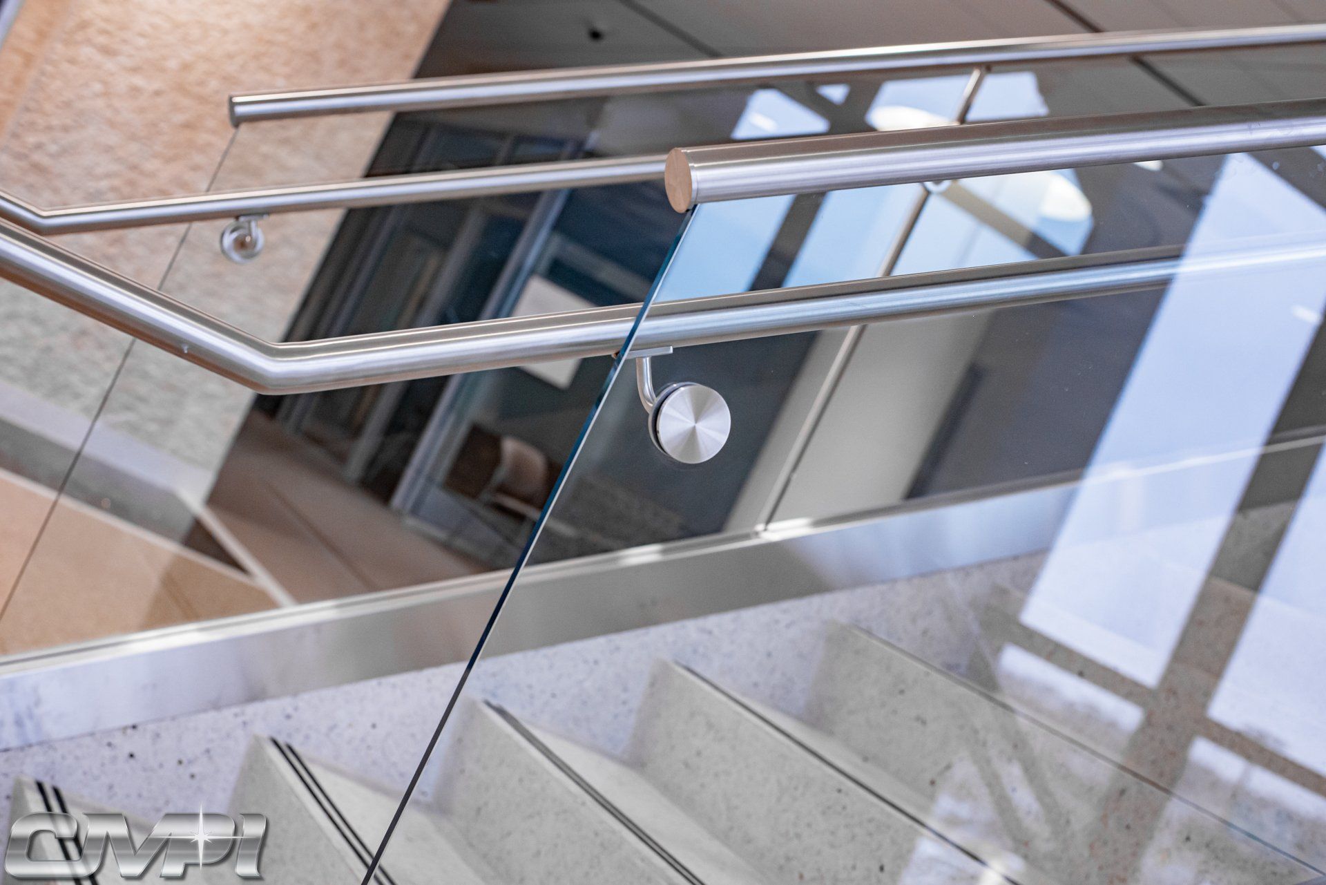 custom, manufacturing, polishing, stainless, steel, glass, guardrail, tempered, panel, stairway, stairwell, railing, systems, fabricated, fabrication, architectural, install, installer, installation, button, mount, cmpi, mercy, hospital, renovation, expansion, design, northwest, hospital, balcony, stairs, overlook