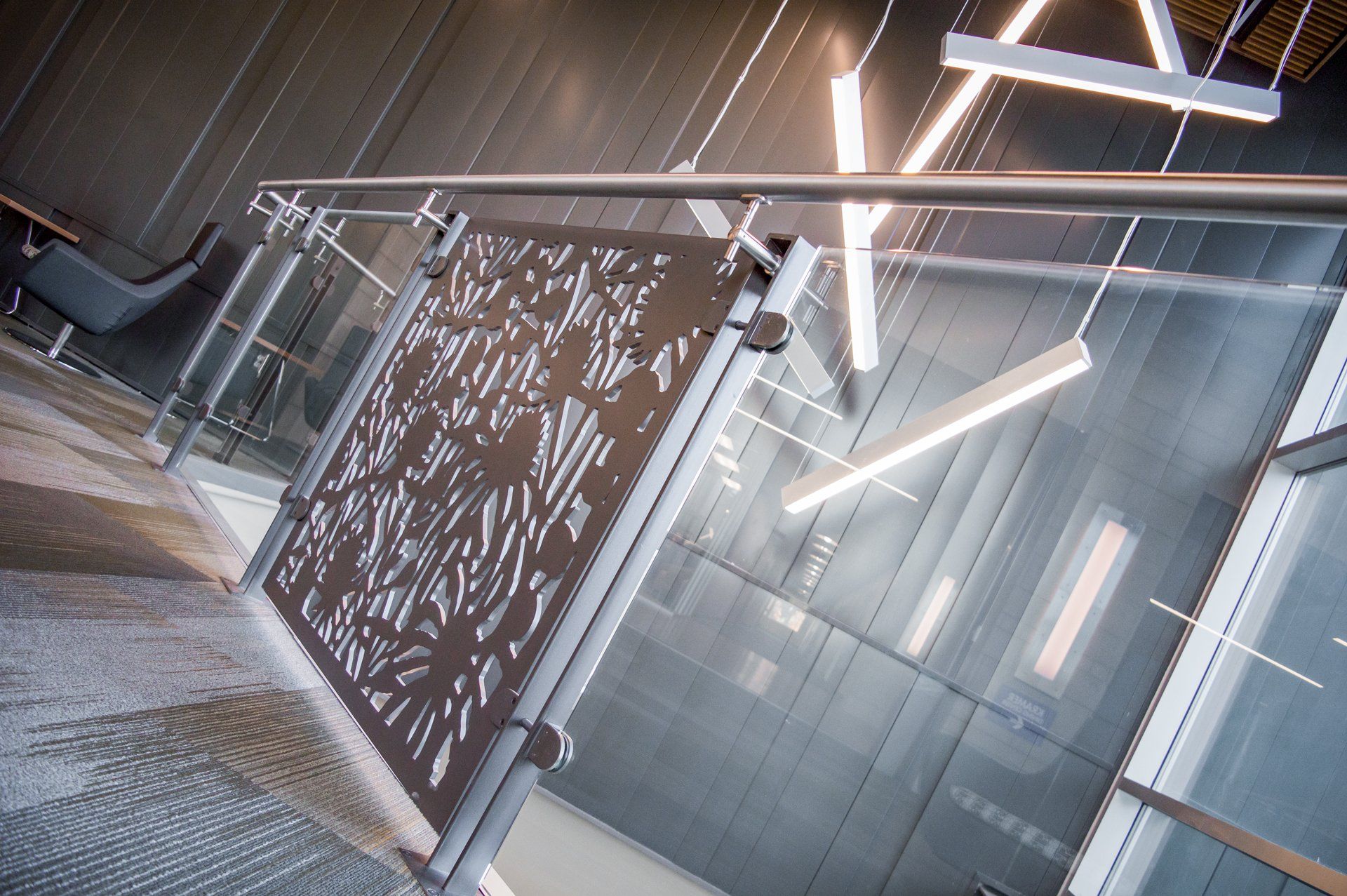 polished stainless steel tempered glass panel guardrail custom carbon steel waterjet infill