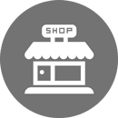 Shop icon in white on a gray circle background.