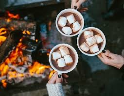 Three people are holding cups of hot chocolate with marshmallows in front of a fire.