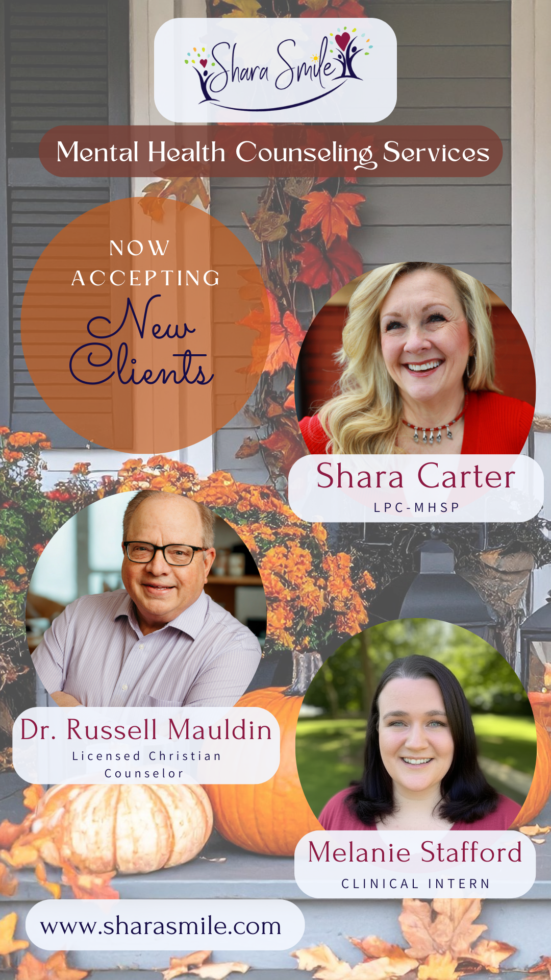 Advertisement for mental health services with photos of three providers, fall foliage, and a 