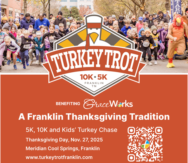Turkey Trot race poster: runners, kids, a turkey mascot, and race info. Thanksgiving Day, Franklin, TN. Turkey Trot race poster: runners, kids, a turkey mascot, and race info. Thanksgiving Day, Franklin, TN.