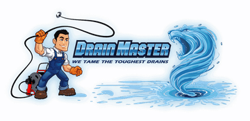Logo for Drain Master, with plumber figure, text, and water swirl graphic.