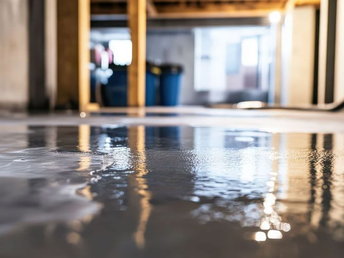 A flooded basement with a puddle of water on the floor.