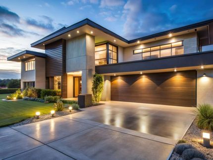 A large modern house with a large driveway is lit up at night.