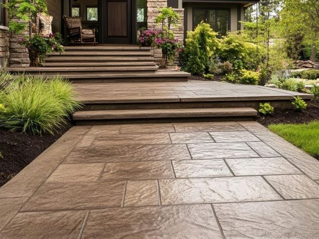 A stone walkway leading to the front door of a house.