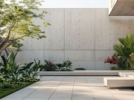 A patio with a concrete wall and plants in front of it.