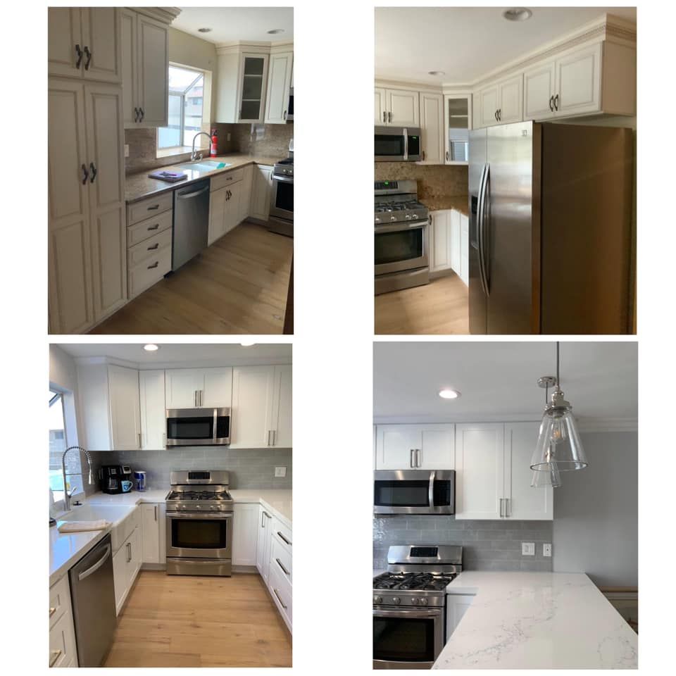 Four pictures of a kitchen with white cabinets and stainless steel appliances