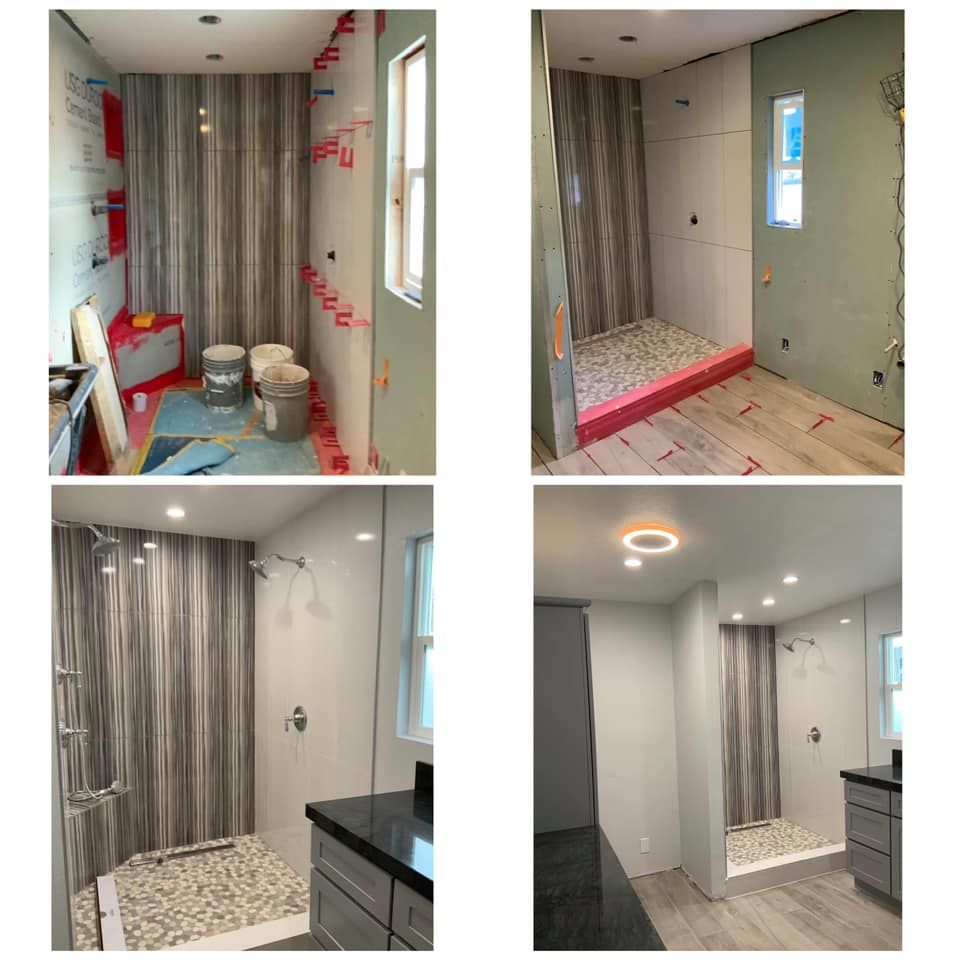 A collage of four pictures of a bathroom under construction.