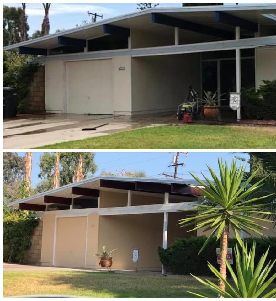 A before and after picture of a house with a palm tree in front of it