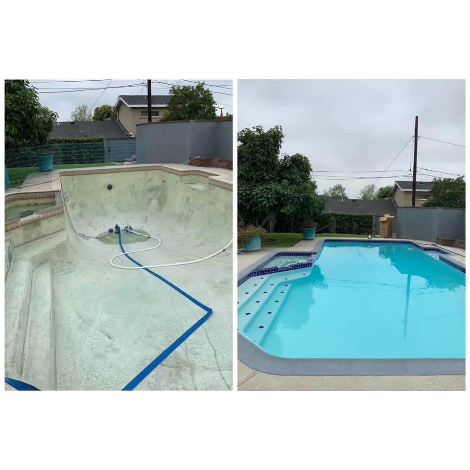 A before and after picture of a swimming pool being cleaned.