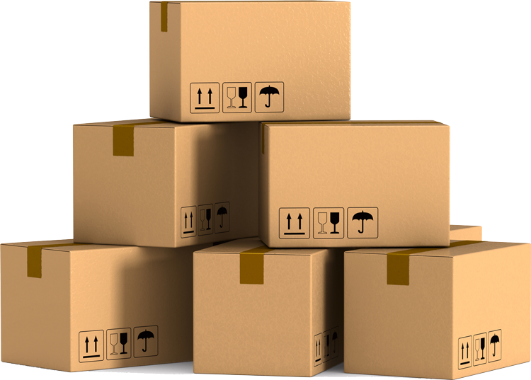 Cardboard boxes stacked in a pyramid shape; shipping symbols present. Cardboard boxes stacked in a pyramid shape; shipping symbols present.