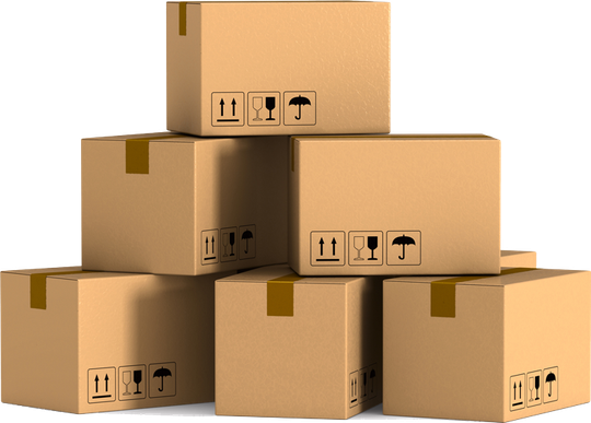 Cardboard boxes stacked in a pyramid shape; shipping symbols present.