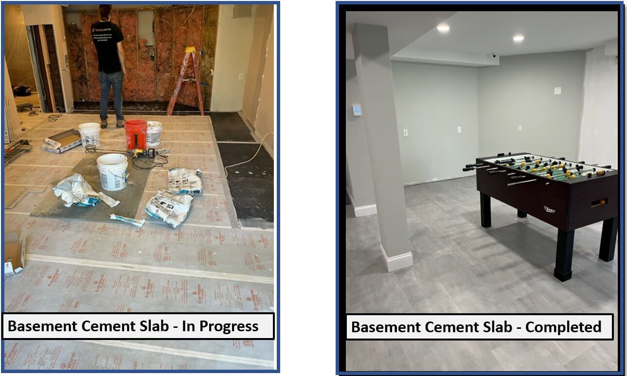 Two pictures of a basement cement slab in progress and completed