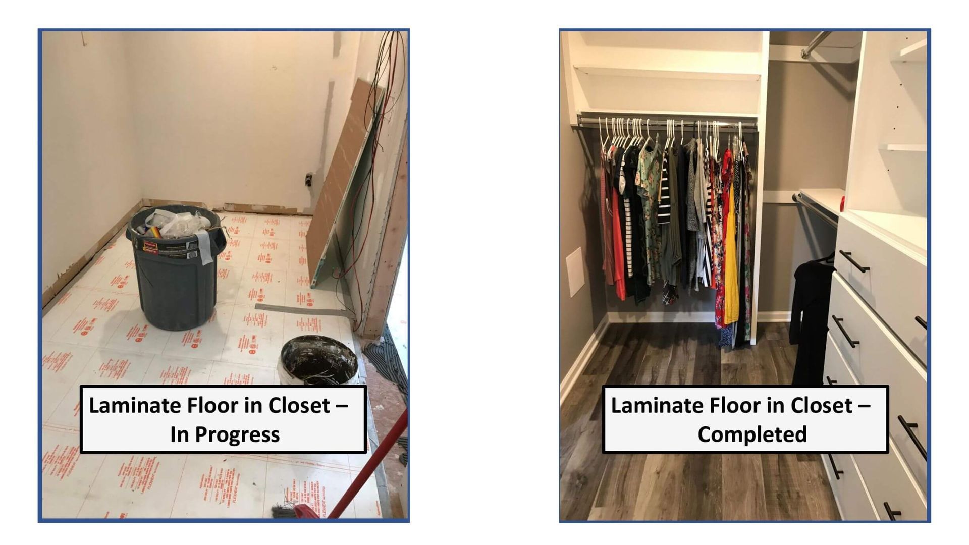 A before and after picture of a laminate floor in a closet.