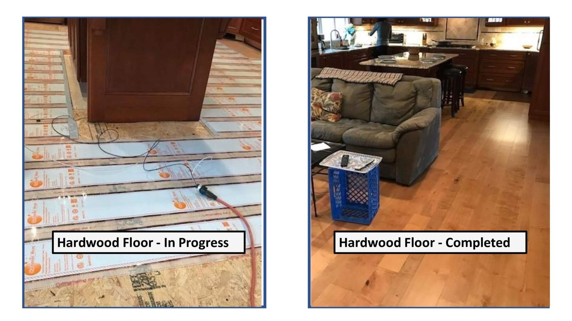 A picture of a hardwood floor in progress and a picture of a hardwood floor completed.