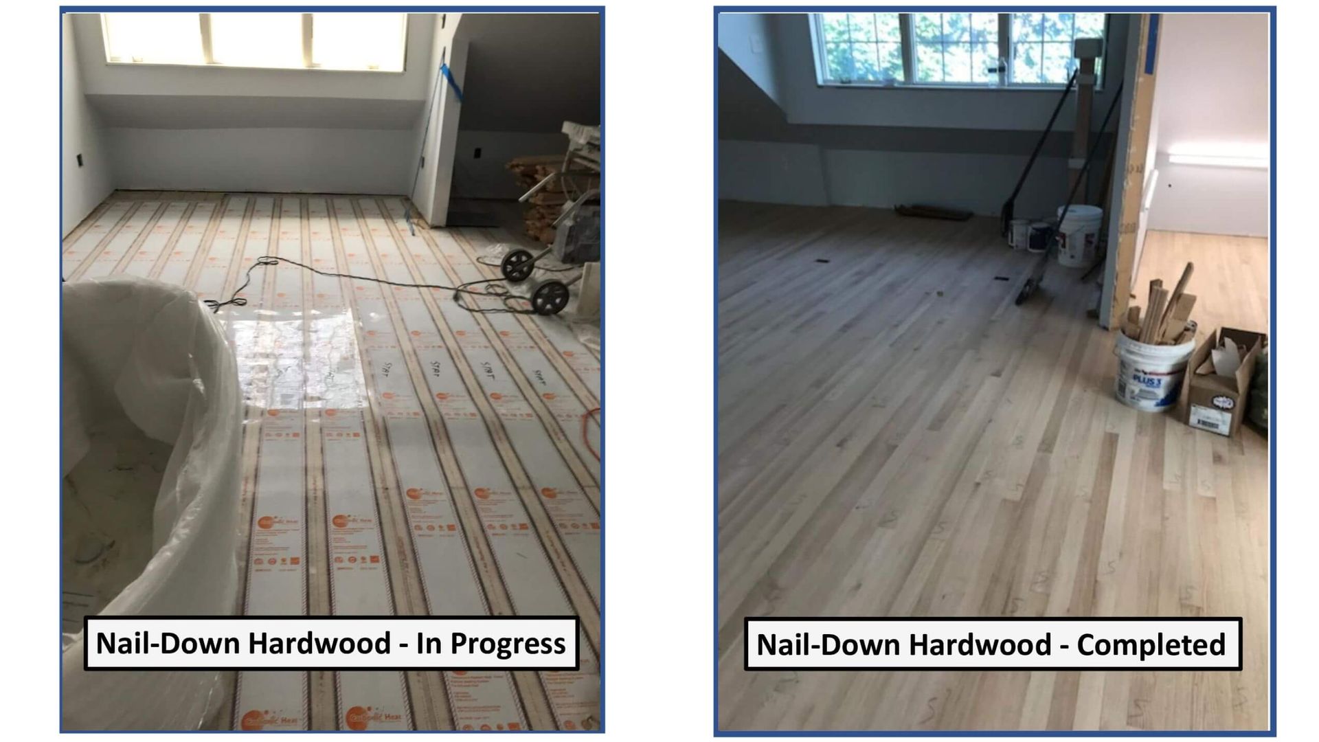 Two pictures of a hardwood floor in progress and completed