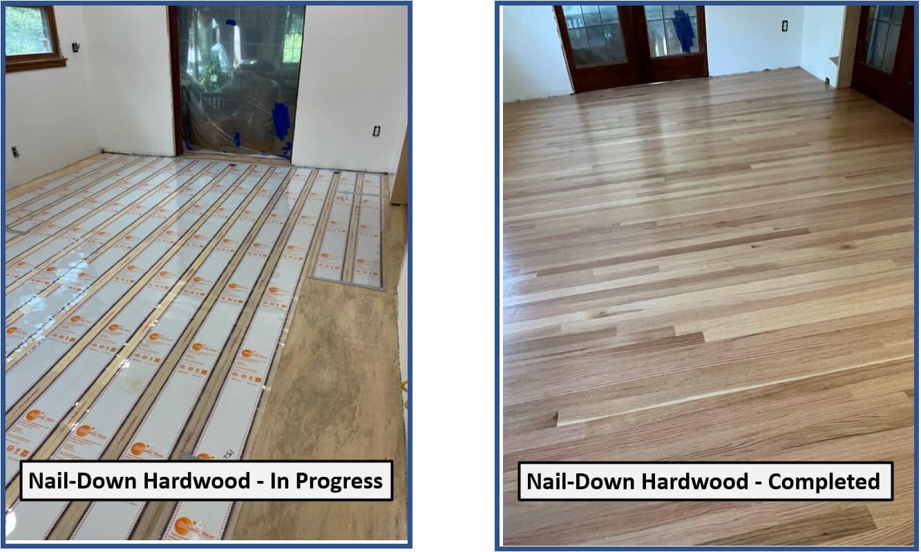 Two pictures of a hardwood floor in progress and completed