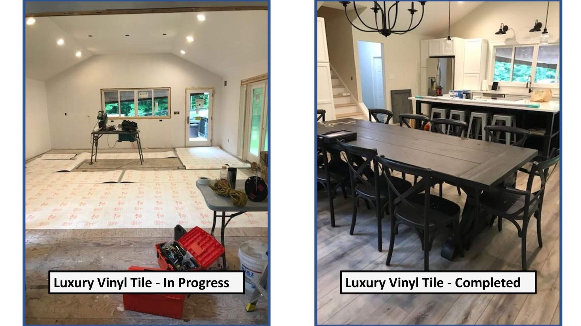 A picture of a luxury vinyl tile in progress and a picture of a luxury vinyl tile completed