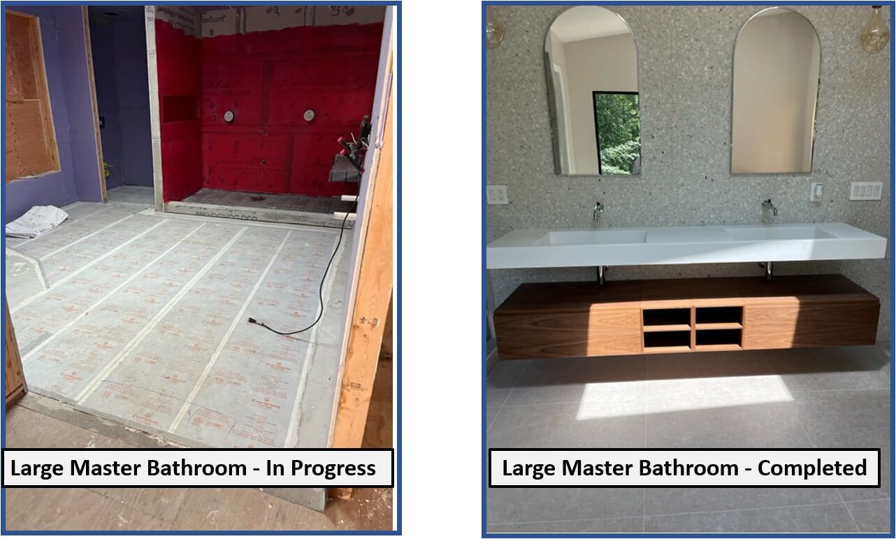 Two pictures of a large master bathroom in progress and completed