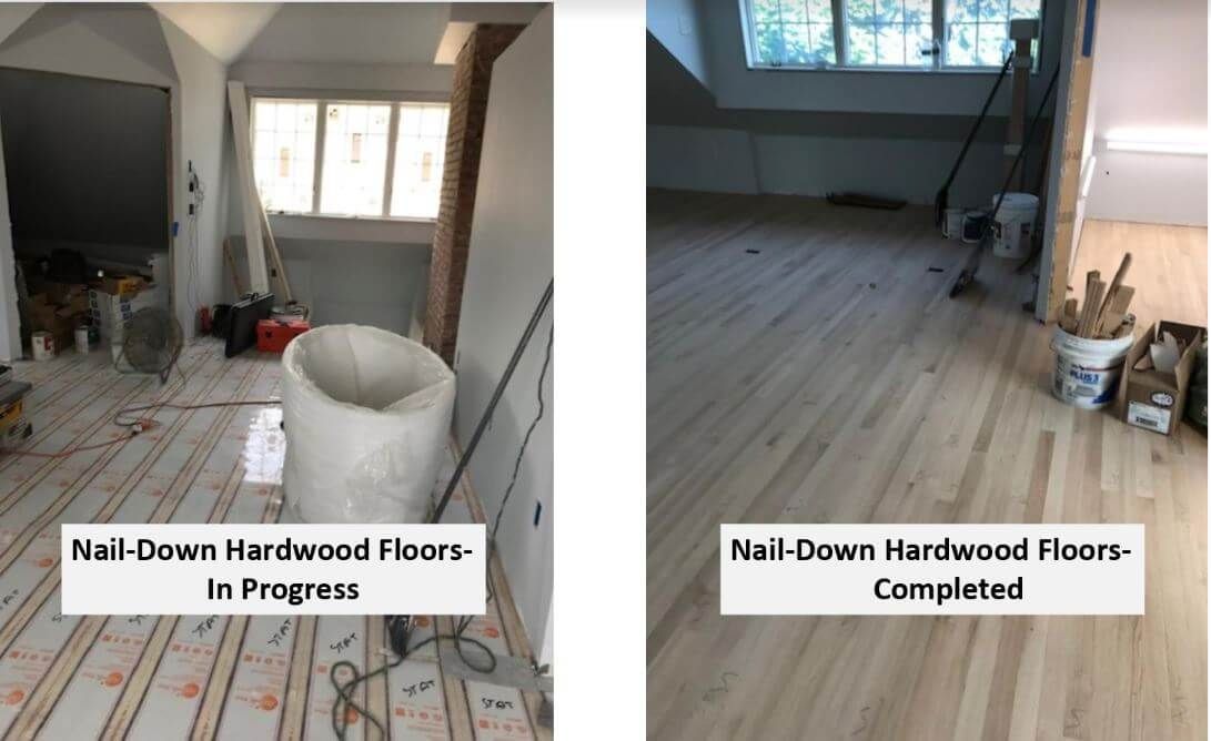 A picture of a hardwood floor in progress and a picture of a hardwood floor completed.