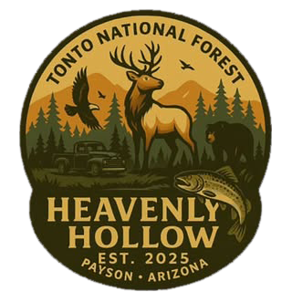 Heavenly Hollow logo with deer, trees, mountains, vintage truck, and text “Tonto National Forest, Est. 2025, Payson, Arizona”