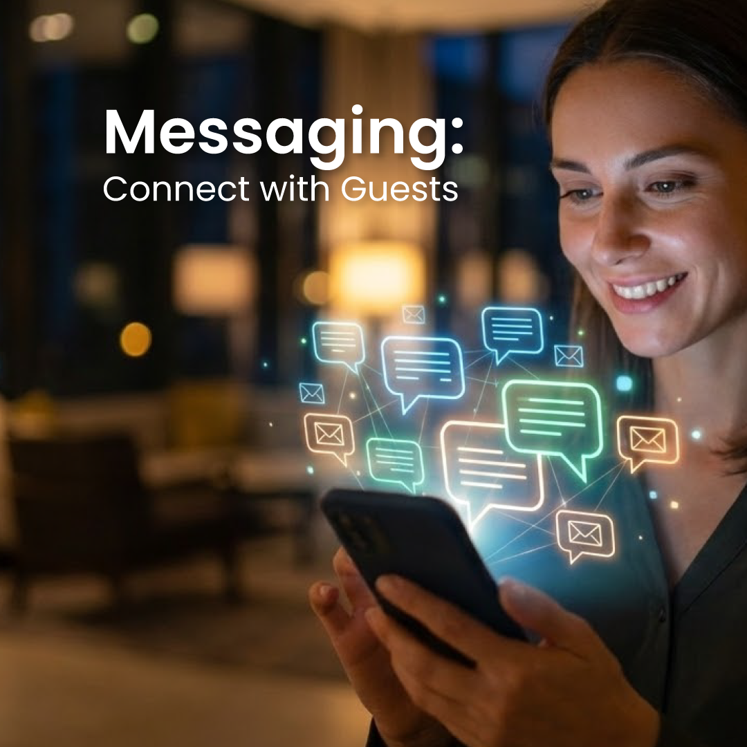 Woman smiling, holding phone with glowing speech bubbles. Text: 