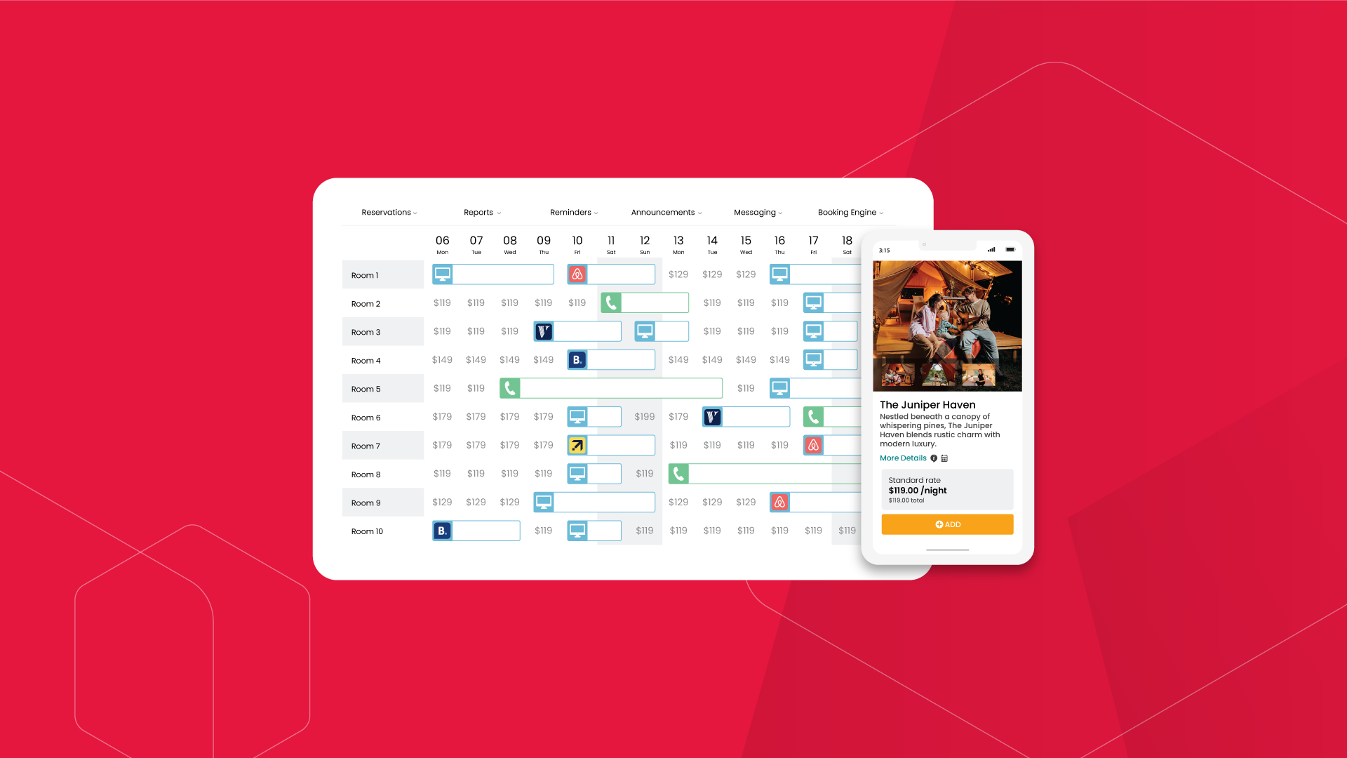 A digital calendar on a tablet and a phone, against a red backdrop. The phone shows event details.