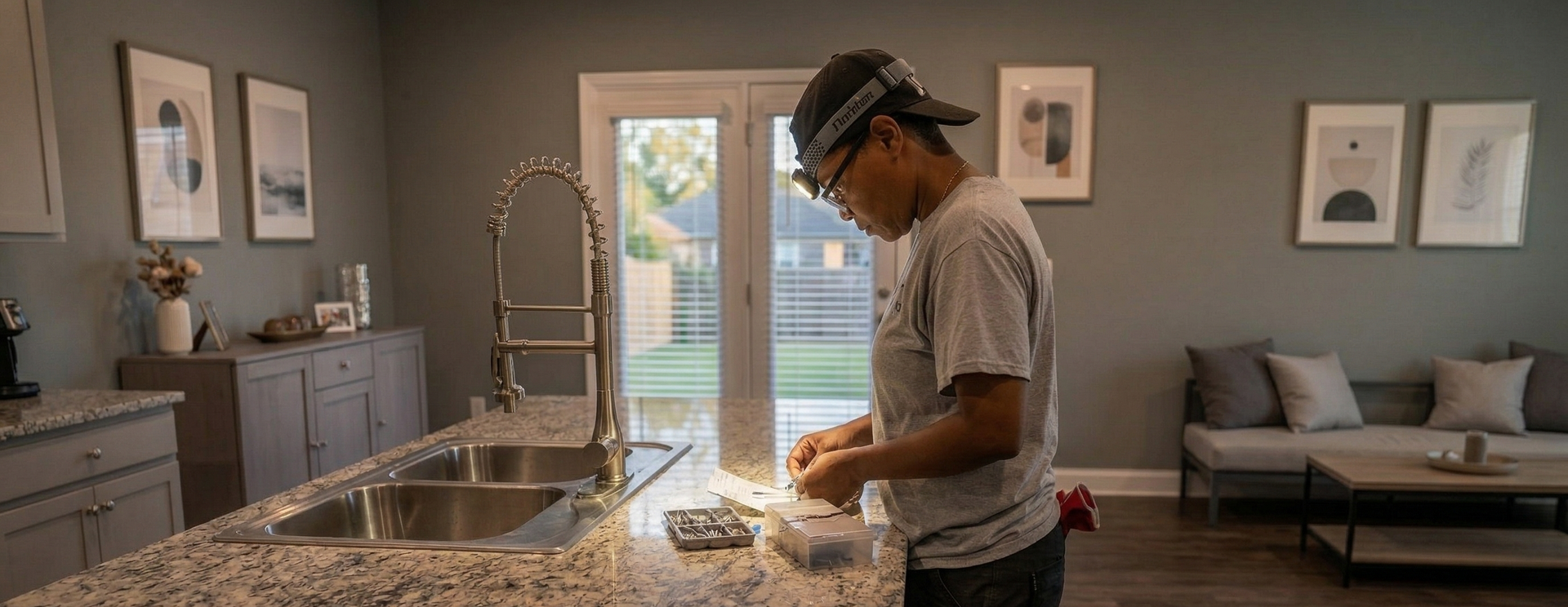 A person wearing a headlamp stands at a granite kitchen island, assembling or working on a small item under task lighting.