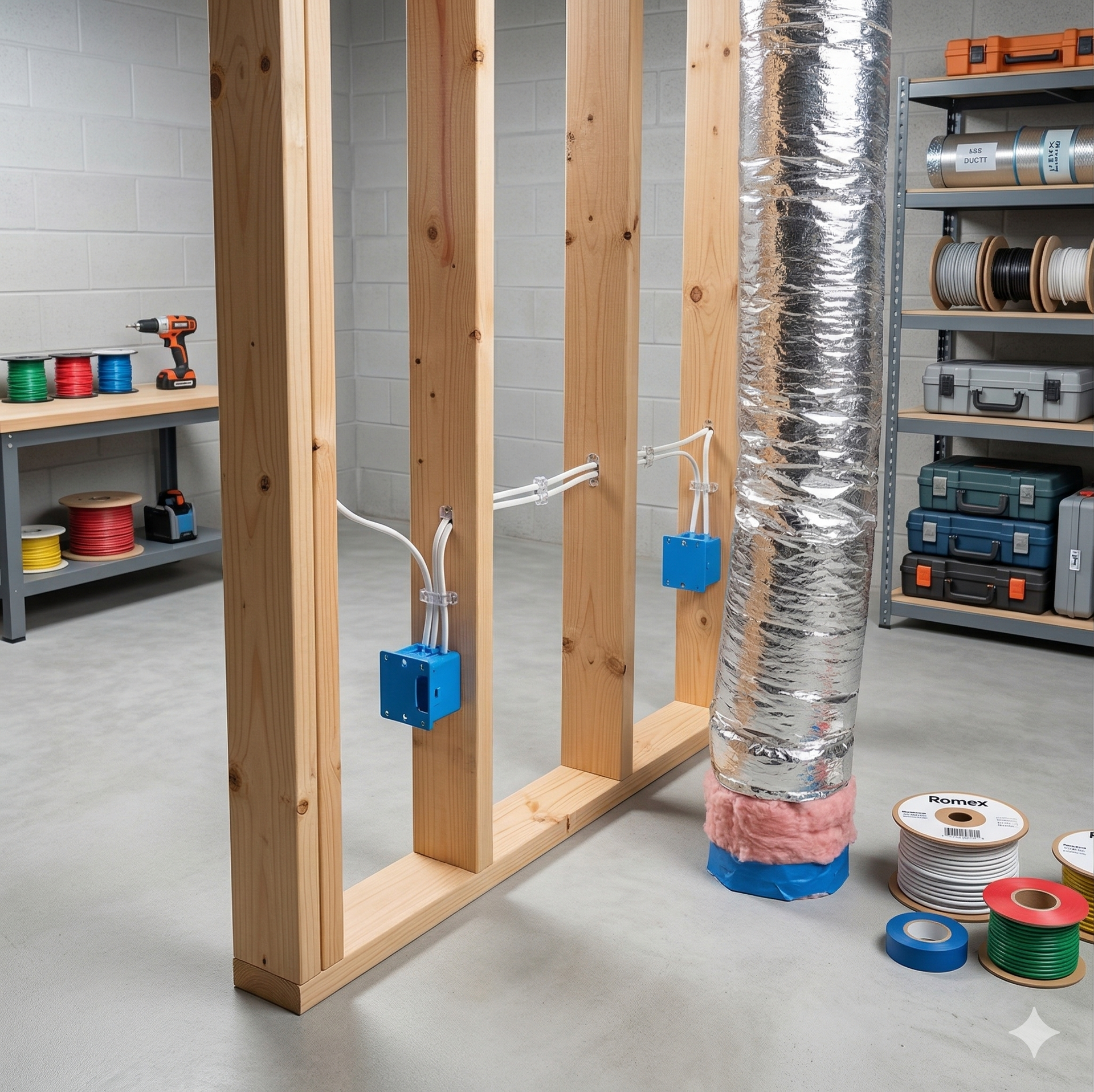 Electrical wiring installed through wooden wall studs, with blue junction boxes, a silver HVAC duct, and tools on shelves.
