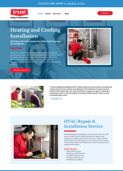 Bryant Heating & Cooling Systems website, homepage showcasing installation, repair services.