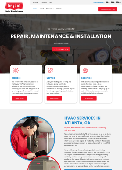 Bryant website: HVAC services, man working on equipment, Atlanta, GA.