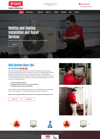 Bryant HVAC website: Technician near an AC unit, another working indoors.