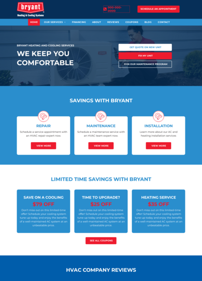 Bryant website, blue and white. Provides HVAC services, offers promotions, and customer reviews.