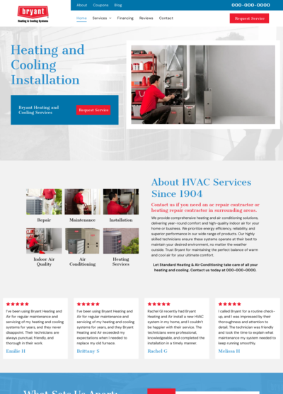 Heating and cooling installation webpage. Technician working on a furnace.