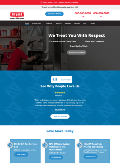 Website homepage for Bryant HVAC, featuring a technician working, customer reviews, and promotional offers.