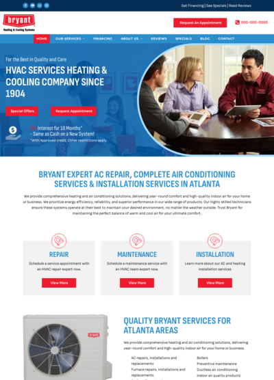 Website for HVAC services in Atlanta, with text, a team meeting, and service icons.