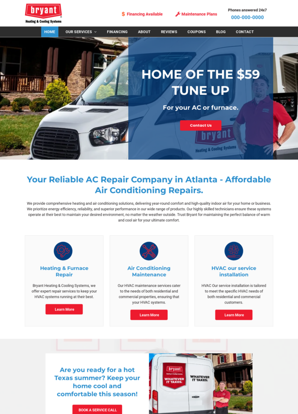 Website homepage for an Atlanta AC repair company, with a van, text, and a smiling person.
