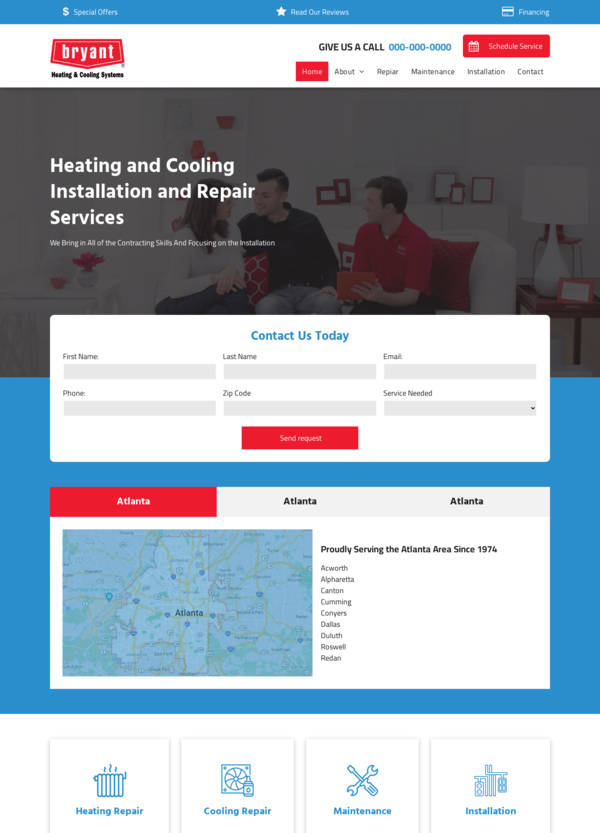 Bryant HVAC website with contact form, map of Atlanta, and service icons.