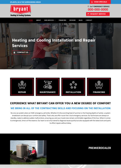 Bryant HVAC website homepage: a technician working on a furnace, service options in black boxes.