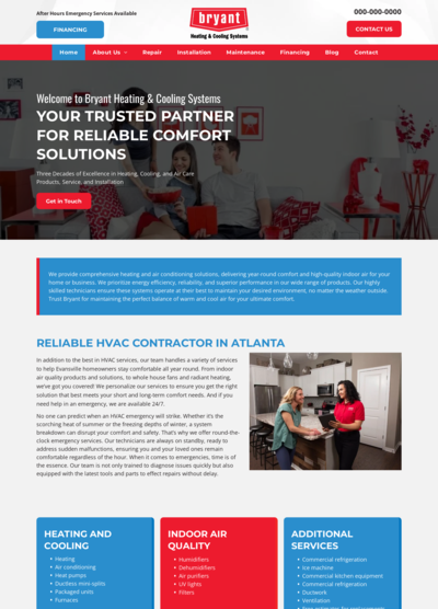 Bryant Heating & Cooling Systems website. Homepage with call-to-actions and services in Atlanta.
