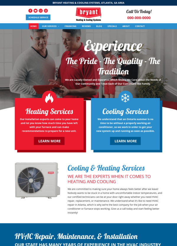 Bryant HVAC website. Men in red/blue shirts, offers heating and cooling services. Red/blue blocks with text.