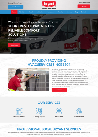 Bryant HVAC website homepage with a service technician and van. It lists HVAC services.