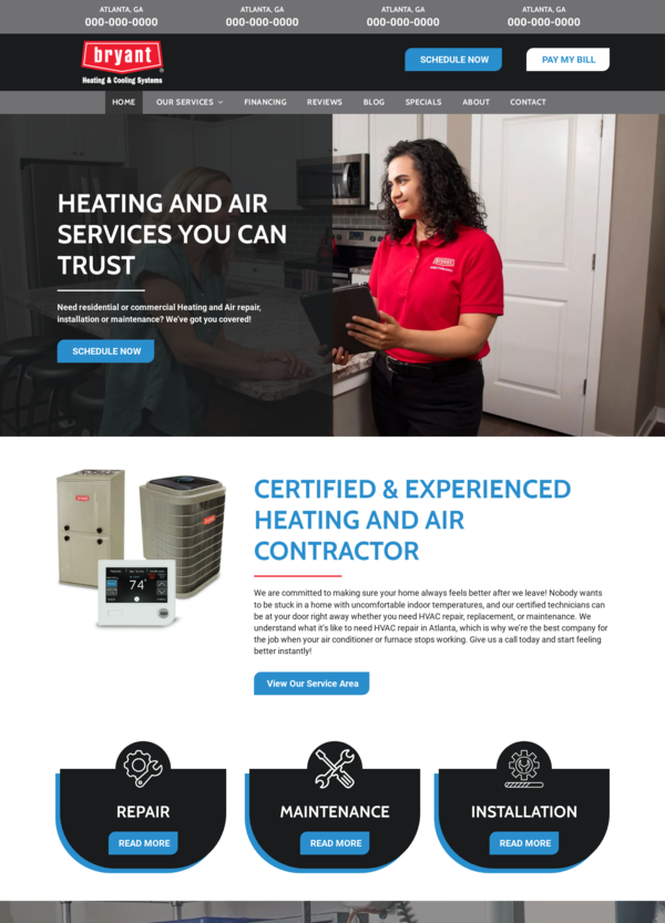Website for a heating and air contractor, featuring a woman in a red shirt, text, and icons for repair, maintenance, and installation.