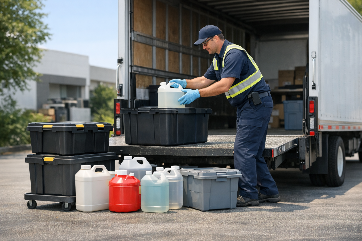 Man loading containers of chemicals into a truck, wearing a uniform, gloves, and reflective vest, outdoors.