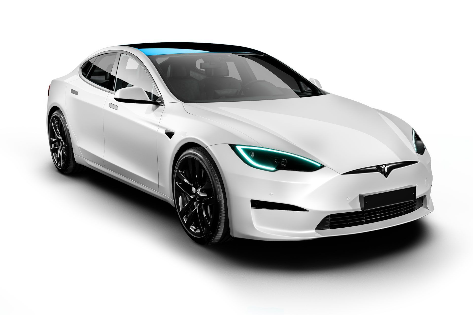 A white tesla model s with a blue roof on a white background.