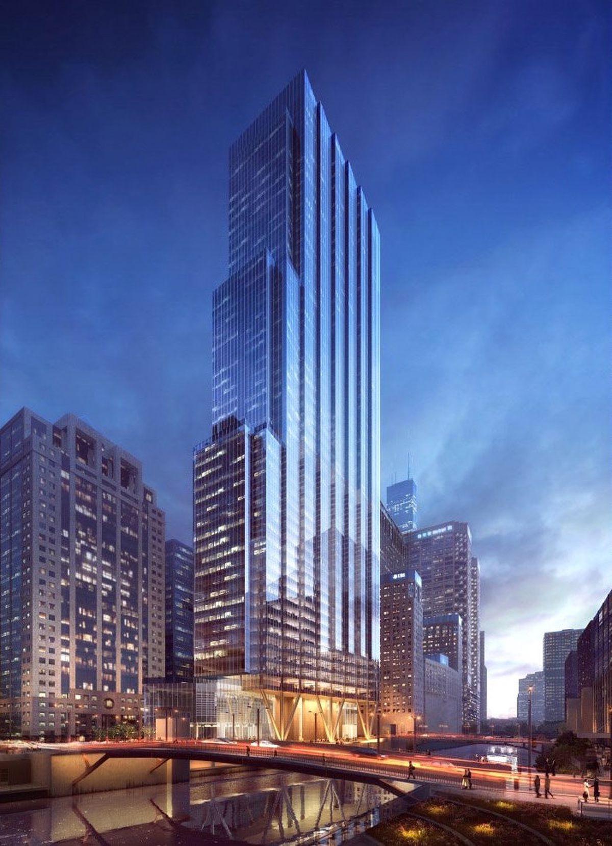 An artist 's impression of a tall building in a city at night.