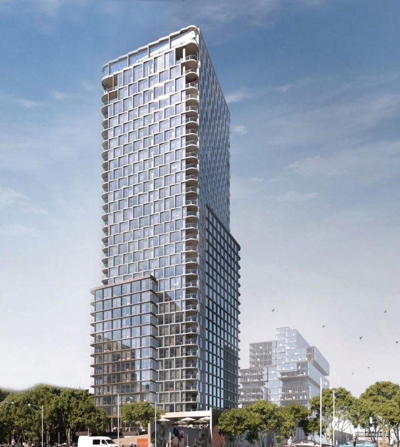 An artist 's impression of a tall building with lots of windows