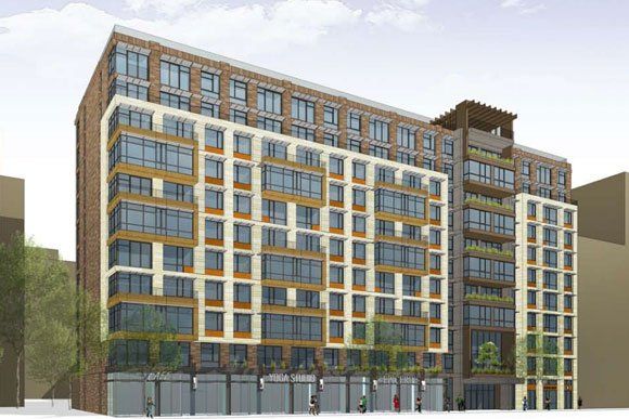An artist 's impression of a large apartment building in a city.